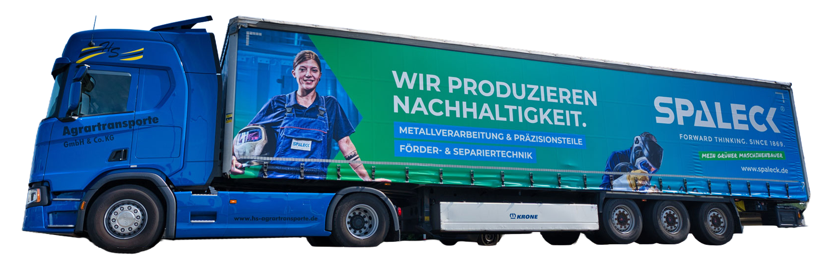 Camion con pubblicità del Gruppo SPALECK a sostegno della produzione sostenibile.