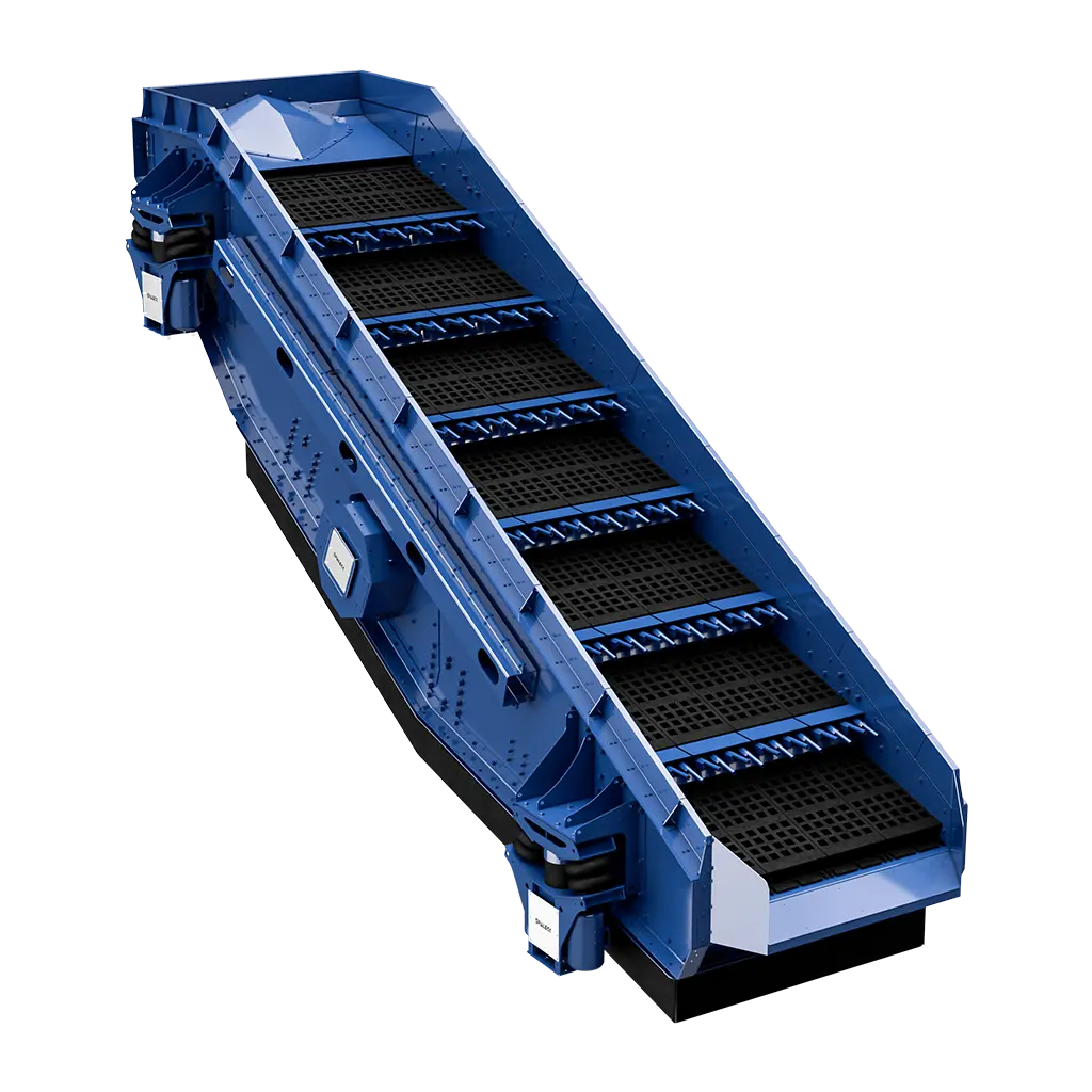 Modulo di vagliatura blu con tecnologia AutoCLEAN per impianti di riciclaggio.