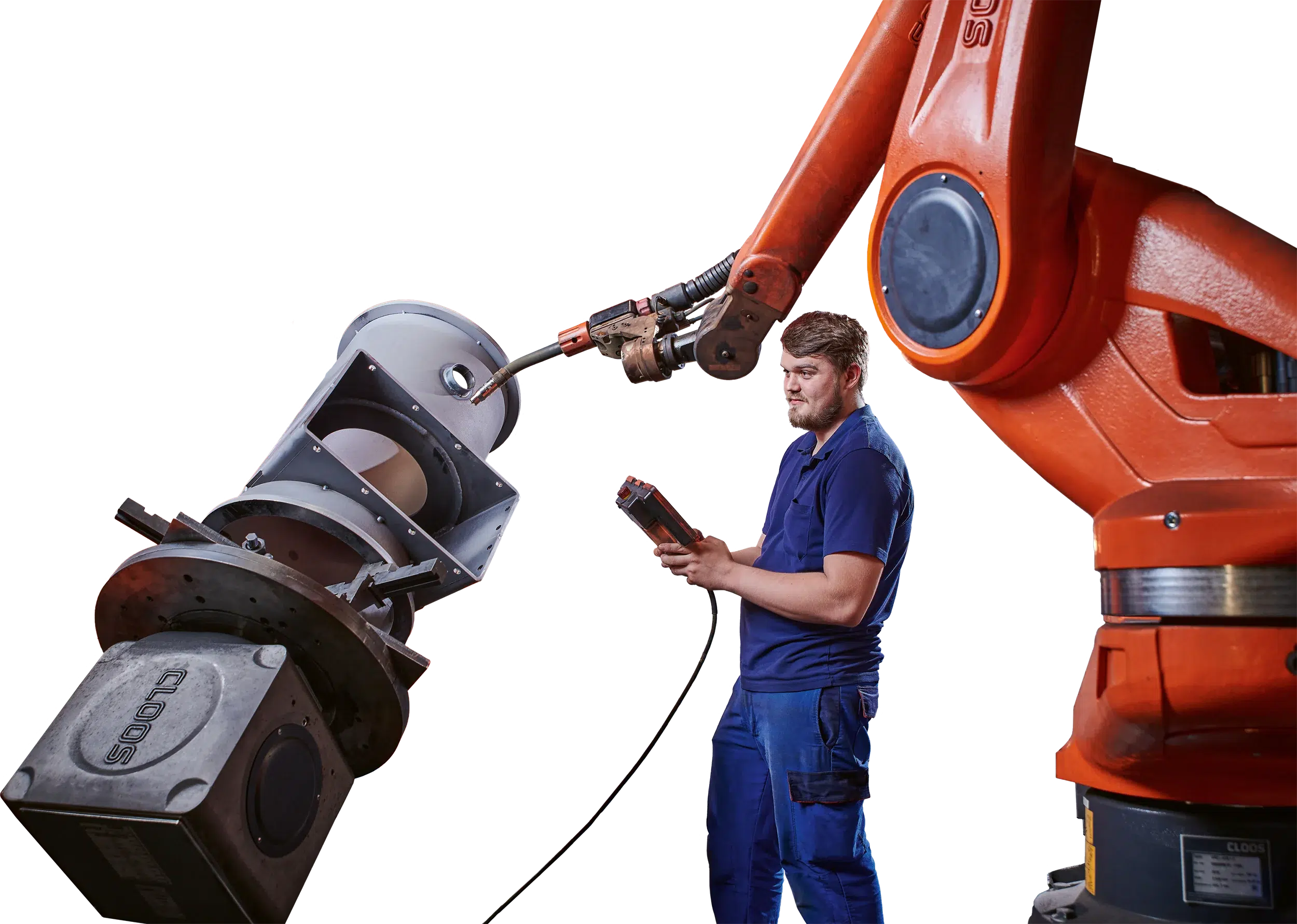 Un tecnico meccanico opera un robot di saldatura presso l'azienda di produzione conto terzi SPALECK