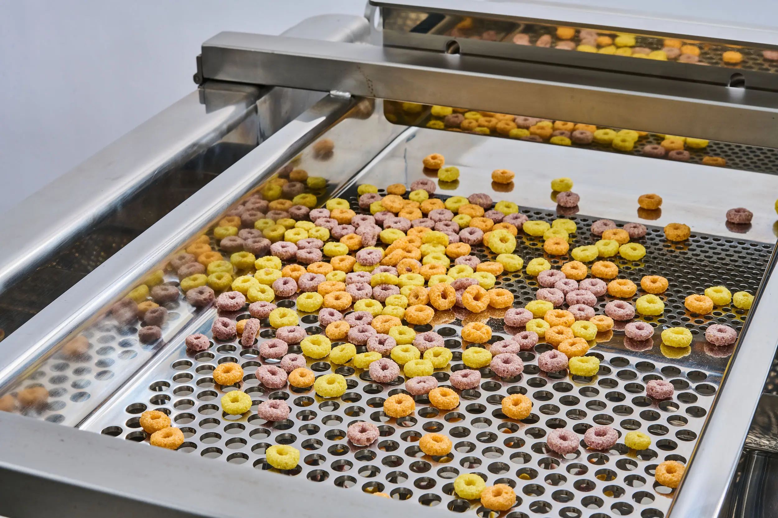 Foto dettagliata del piano di vagliatura di una vagliatrice per prodotti alimentari