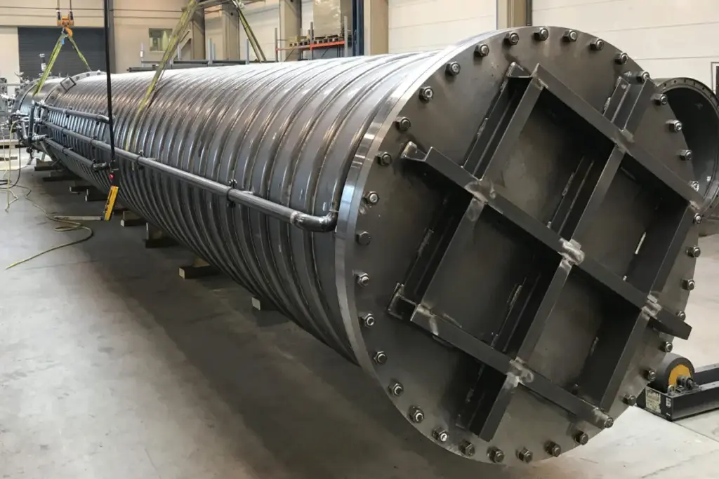 Grande componente metallico cilindrico all’interno di un capannone industriale, lavorazione dei metalli.