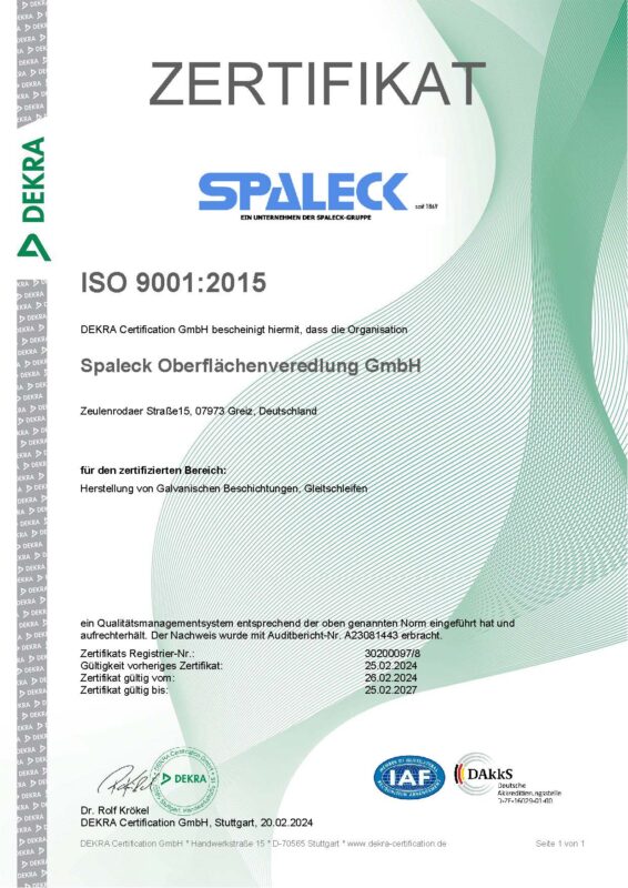 Certificato ISO 9001:2015 per la gestione della qualità di un’azienda specializzata nel trattamento delle superfici.