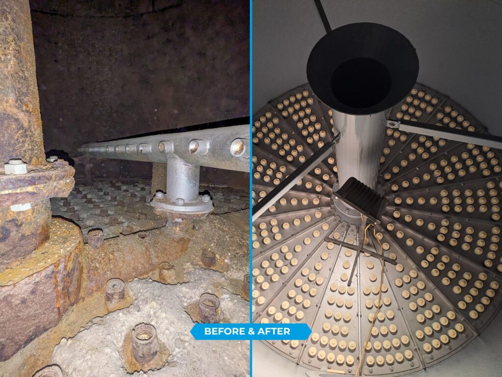 Sul lato sinistro, un vecchio filtro a ghiaia intasato utilizzato per il trattamento dell'acqua. A destra, una vista dall'alto del nuovo filtro.